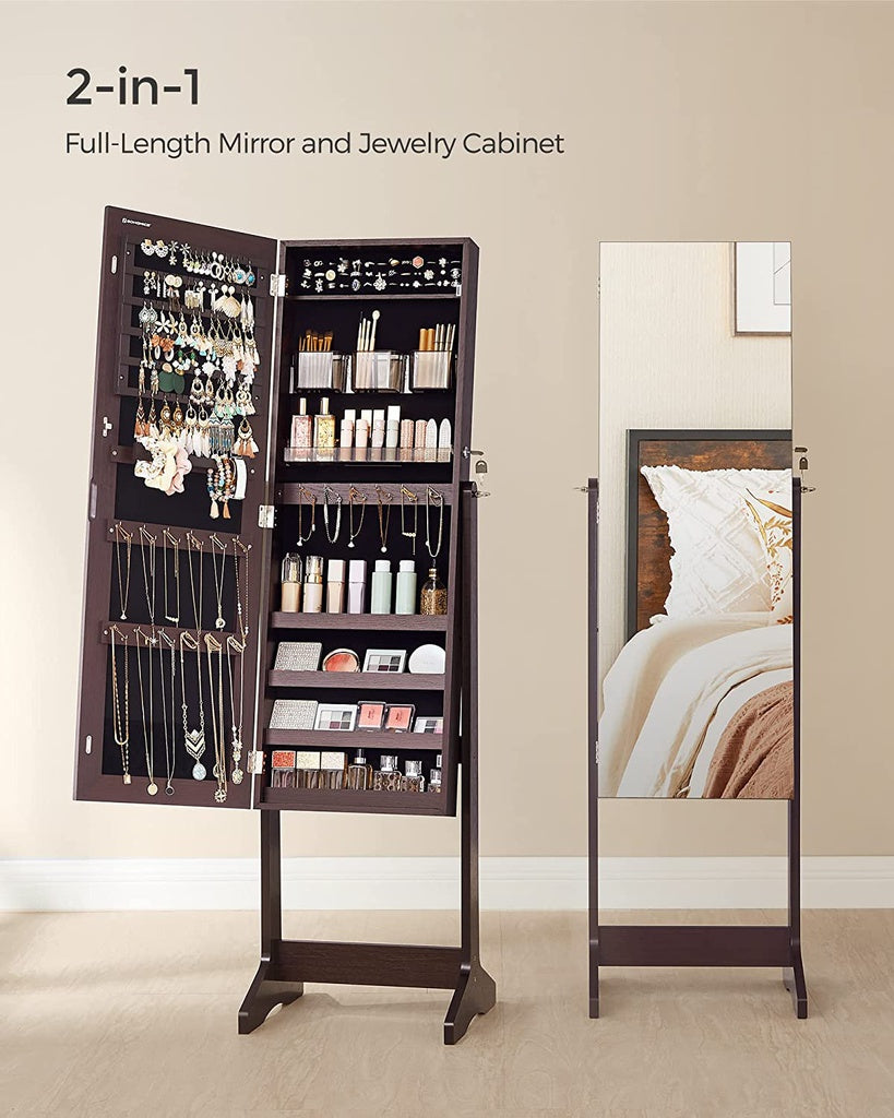 Jewelry Cabinet Armoire with Full-Length Frameless Mirror - Brown