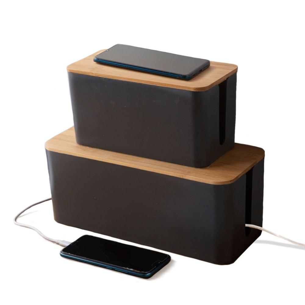 Set of Two Cable Management Box with Bamboo Lid (Black)