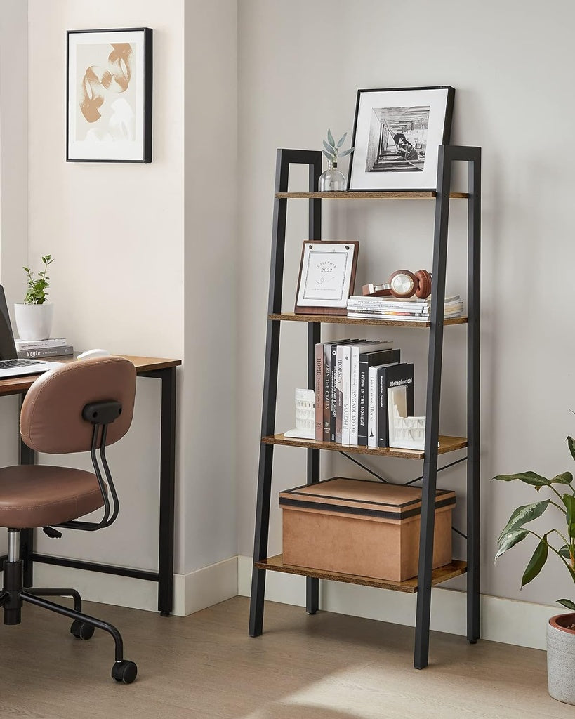 Ladder Shelf 4-Tier Industrial Storage Rack - Rustic Brown and Black