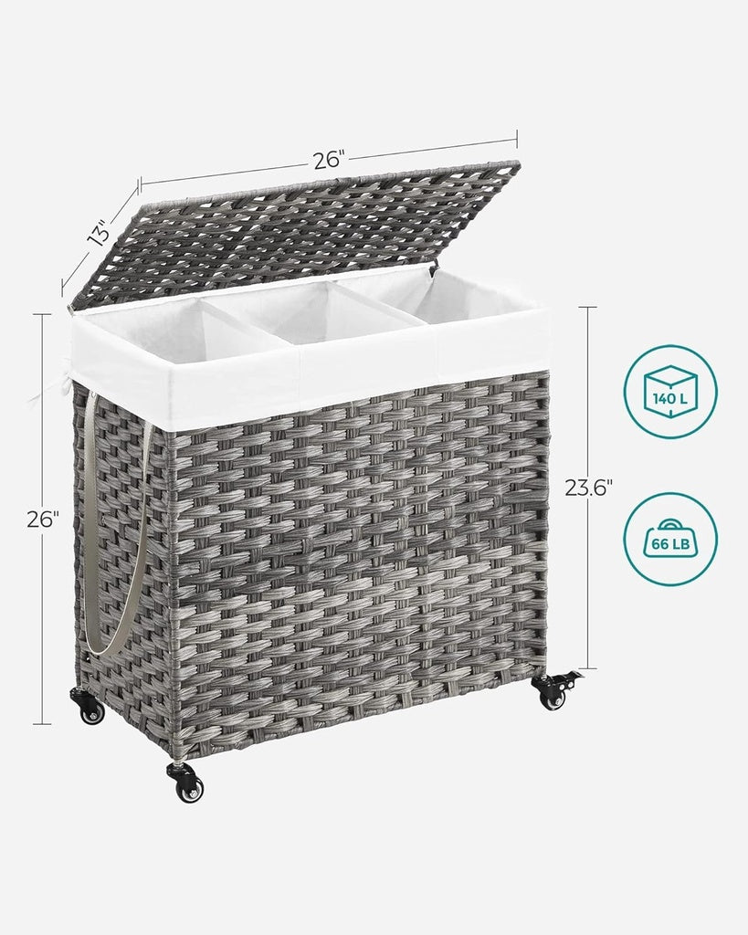 Laundry Hamper with Lid and Wheels - 140L - Grey