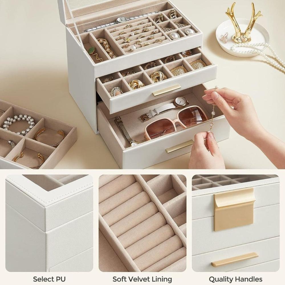 4-Layer Jewelry Box with 3 Drawers and Glass Lid - White and Gold Color