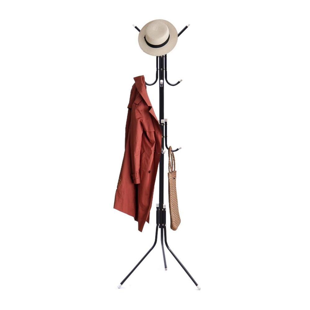 12 Hook Metal Coat Rack Stand with 3-Tier Hat Hanger - Black