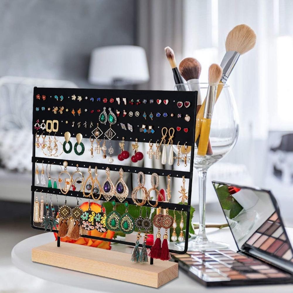 Jewelry Organizer Stand Earring Display with Wooden Tray (Black)