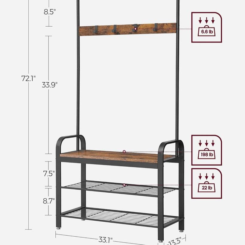 4-in-1 Coat Rack with Shoe Bench and 9 Removable Hooks