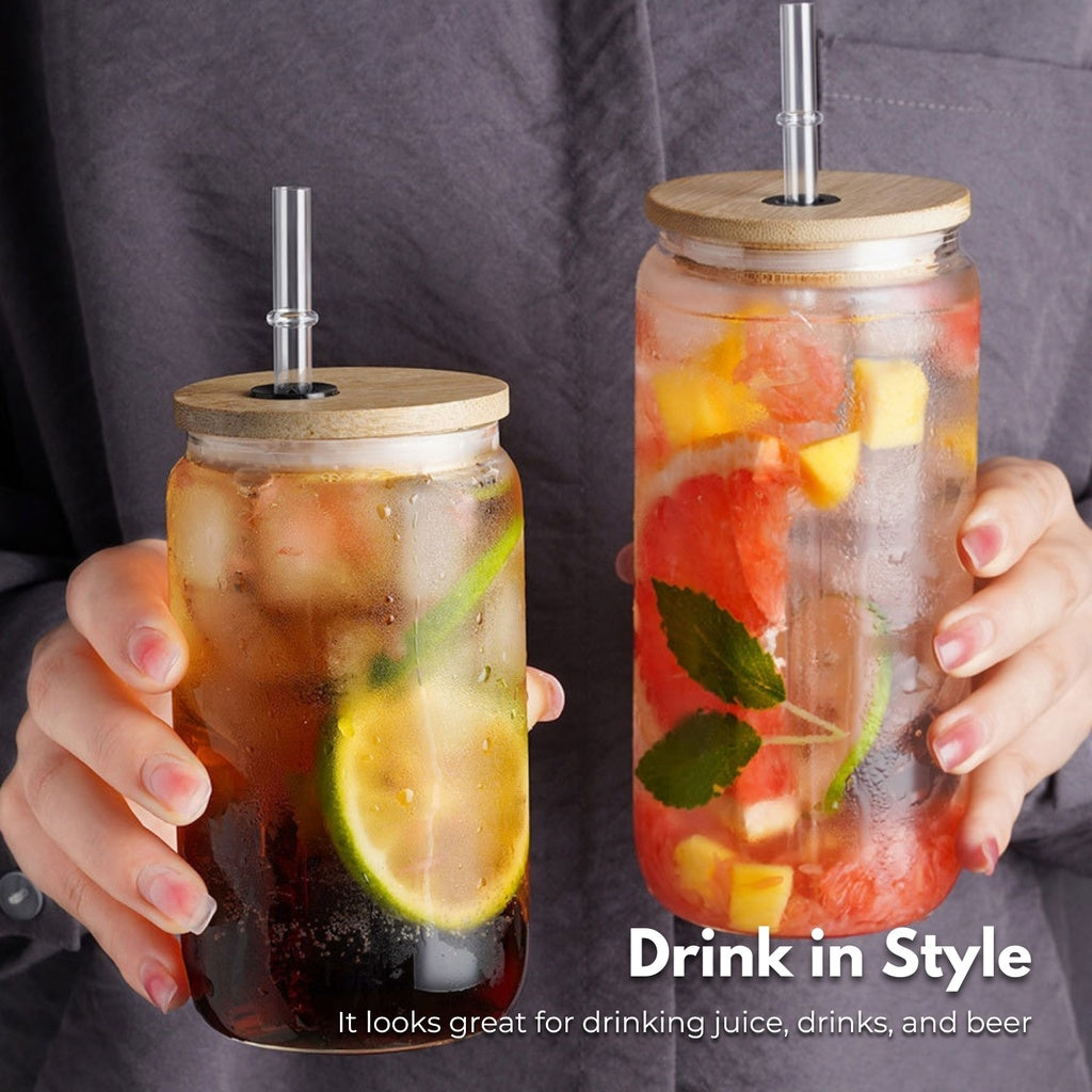 Clear Drinking Glasses with Bamboo Lids - 6 Pcs - 16 Oz