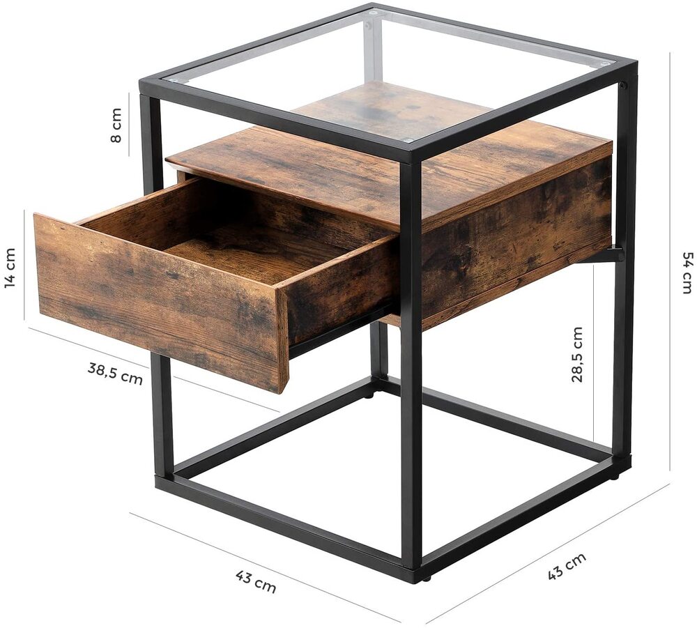 Tempered Glass Side Table with Drawer and Shelf