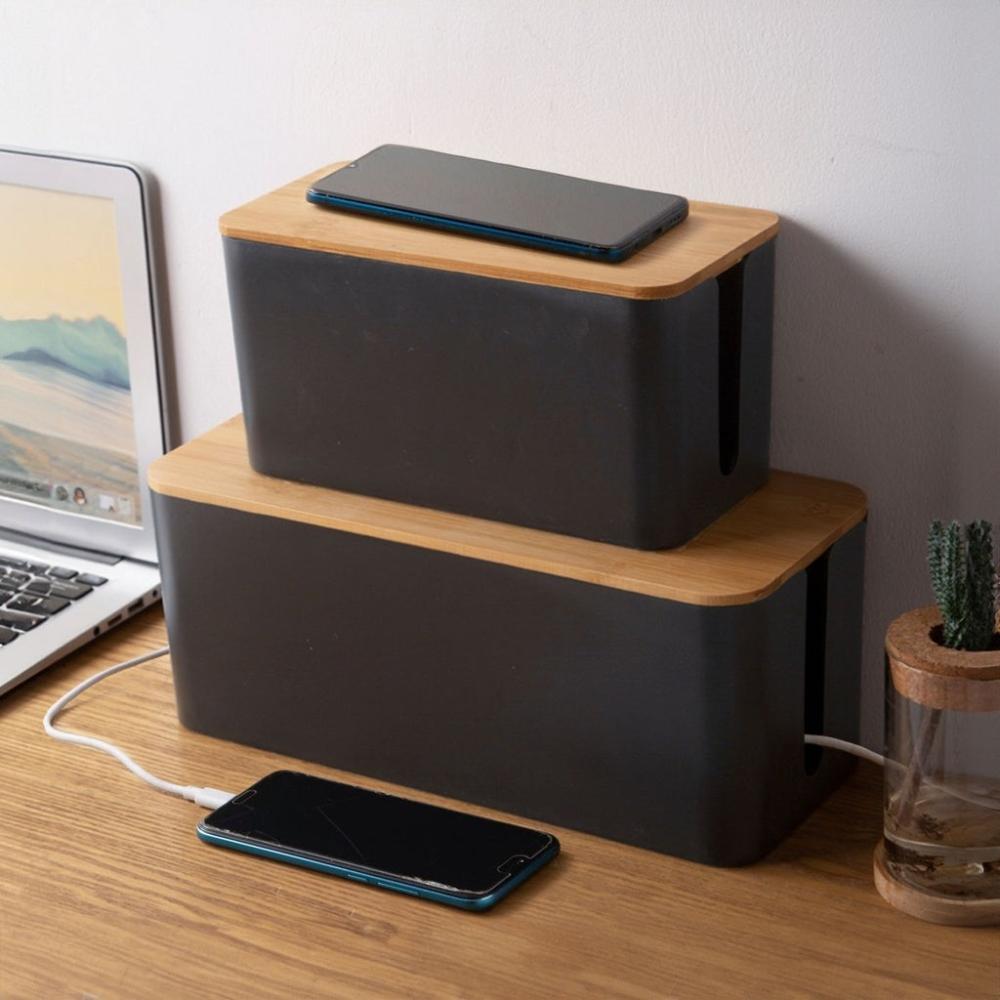 Set of Two Cable Management Box with Bamboo Lid (Black)