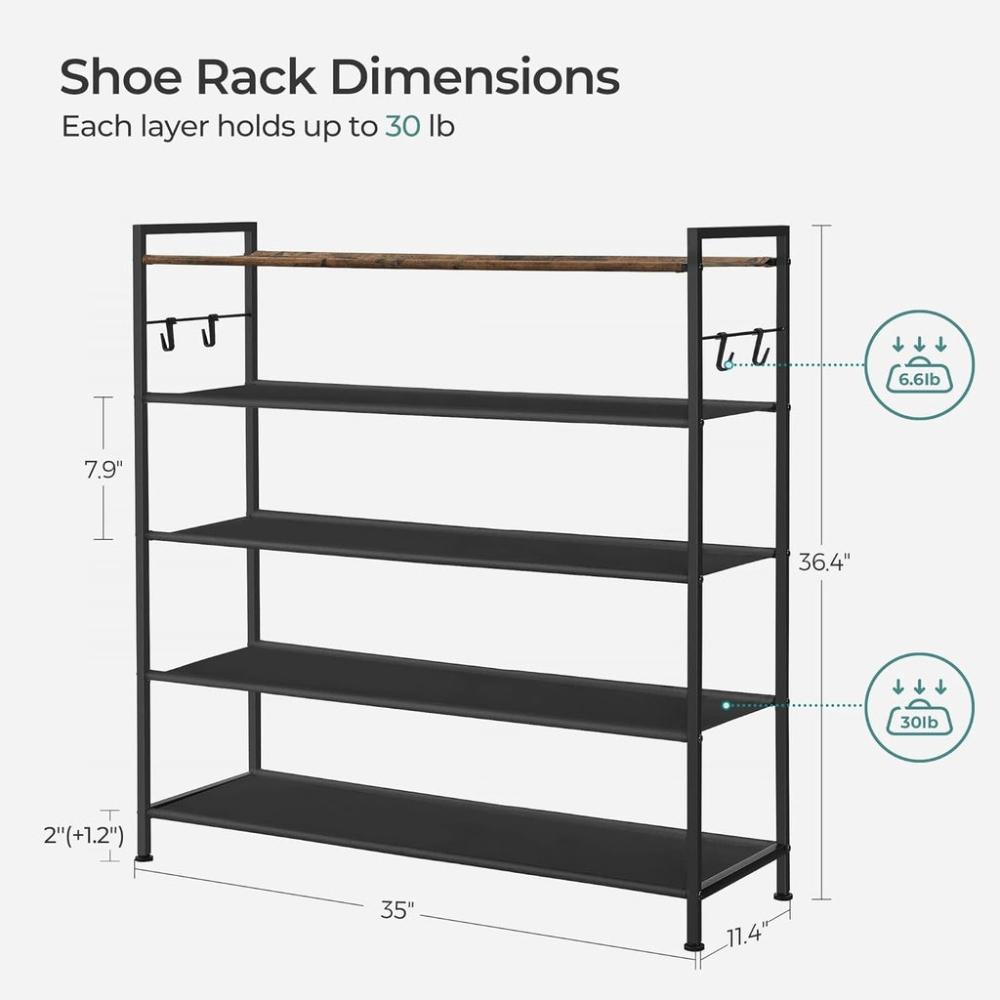 5 Tier Shoe Rack Storage Organizer for 20-25 Pairs - Rustic Brown