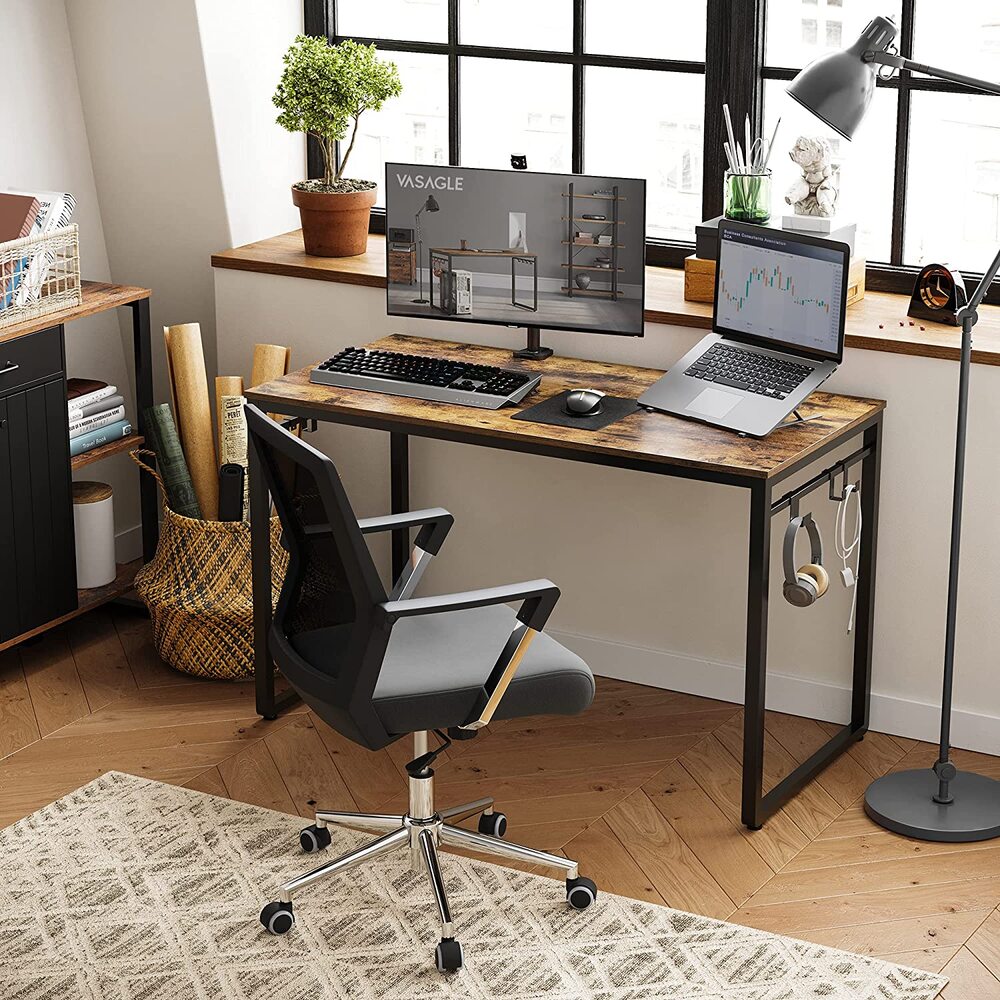 Industrial Computer Desk with 8 Hooks - 120cms