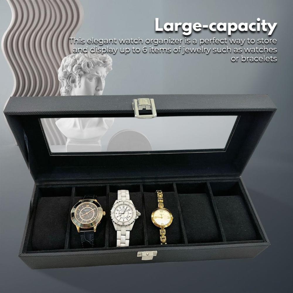 6 Slot Watch Box with Transparent Display Window (Black)