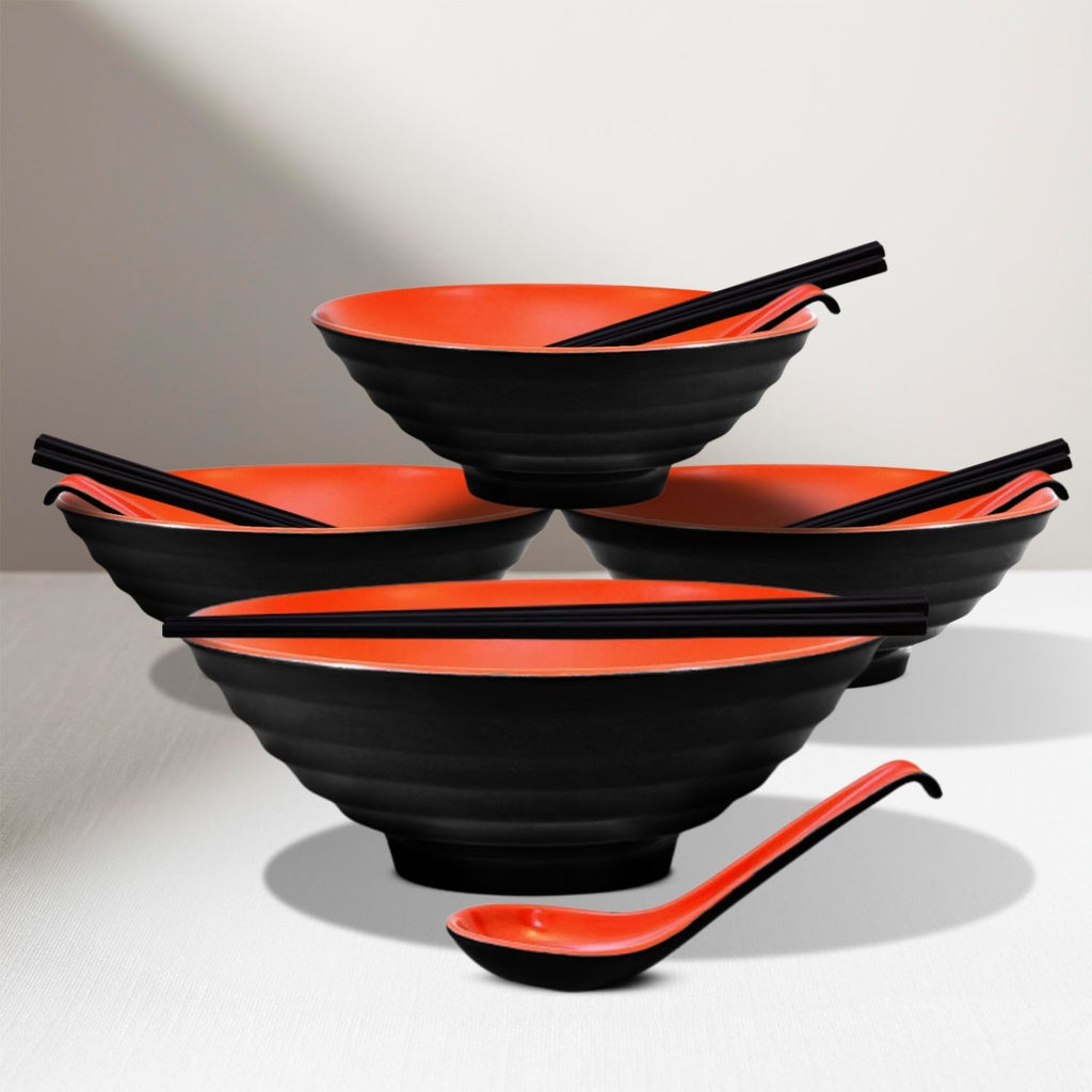 Noodle Soup Bowl Dishware - 4 Sets (12 Piece) (Red and Black)