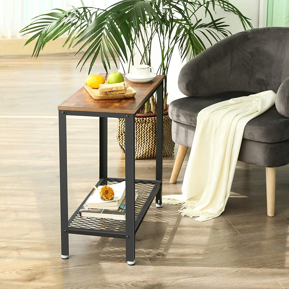 Industrial Side Table with Mesh Shelf - Rustic Brown