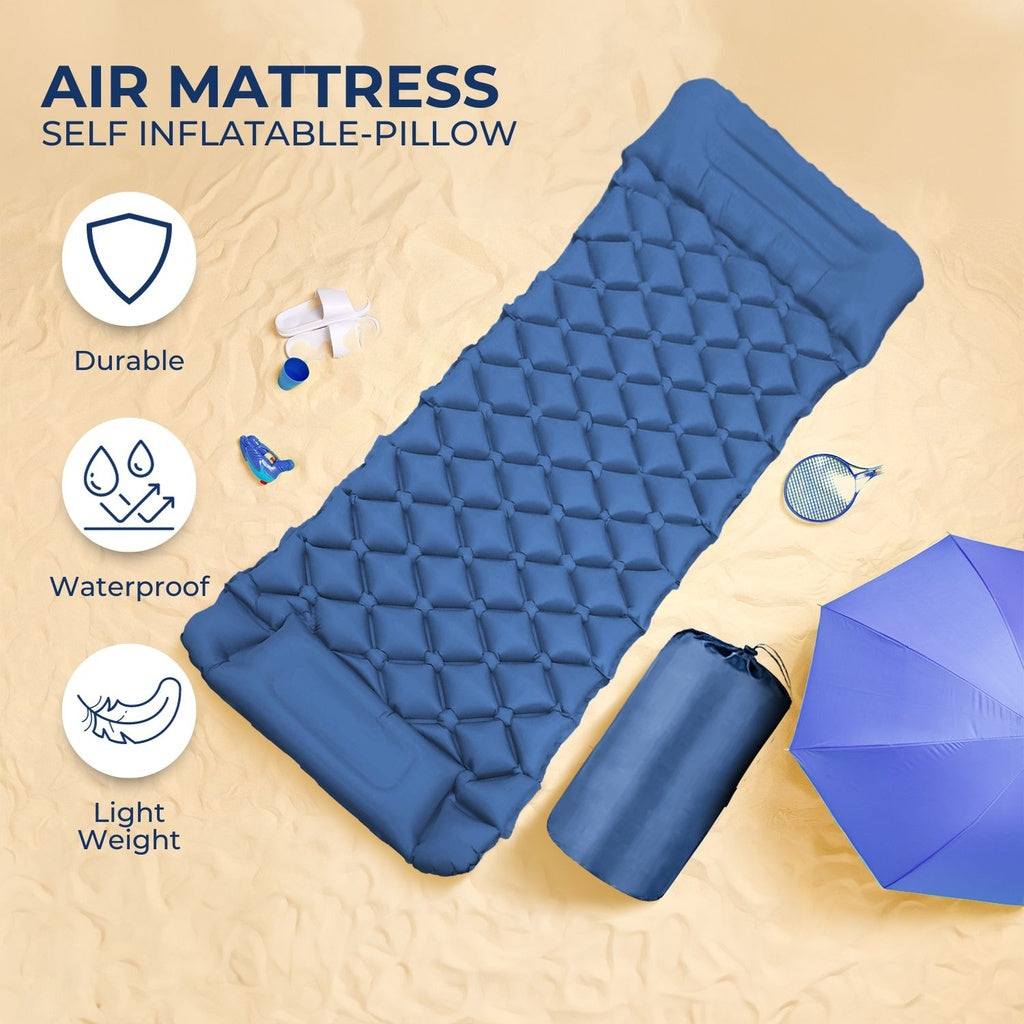 Inflatable Camping Sleeping Pad with Pillow (Navy Blue)