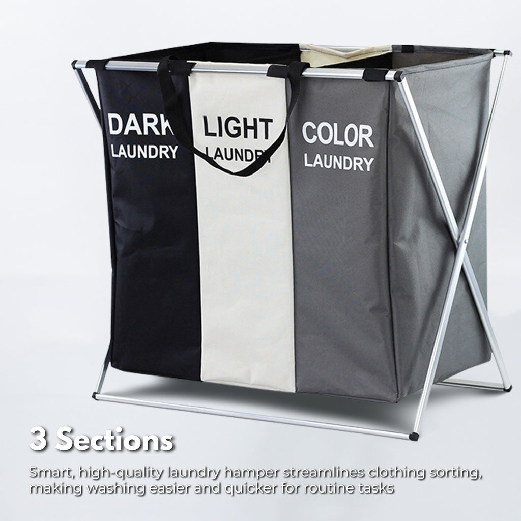 Foldable Laundry Cloth Hamper with 3 Sections - 135L (White + Grey + Black)