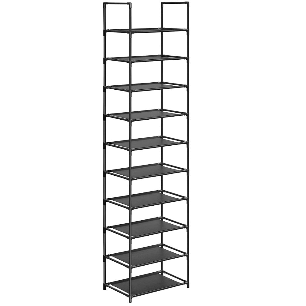 10 Tier Metal Shoe Rack Non-Woven Fabric Shelves - Black