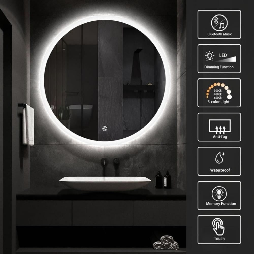 Round LED Mirror with Bluetooth Speaker - 80cms