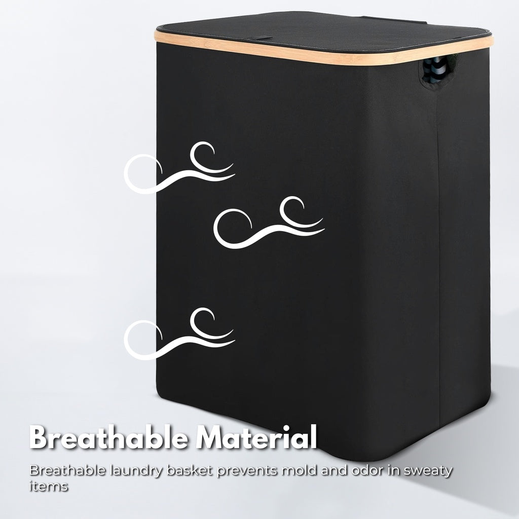 Folding Bamboo & Canvas Laundry Hamper with Single Lid - Black