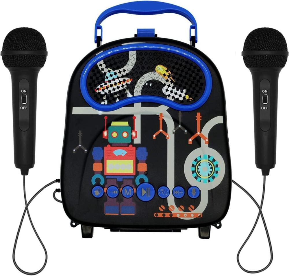 Kids Portable Karaoke with Two Microphones (Rectangle, Black Robot)