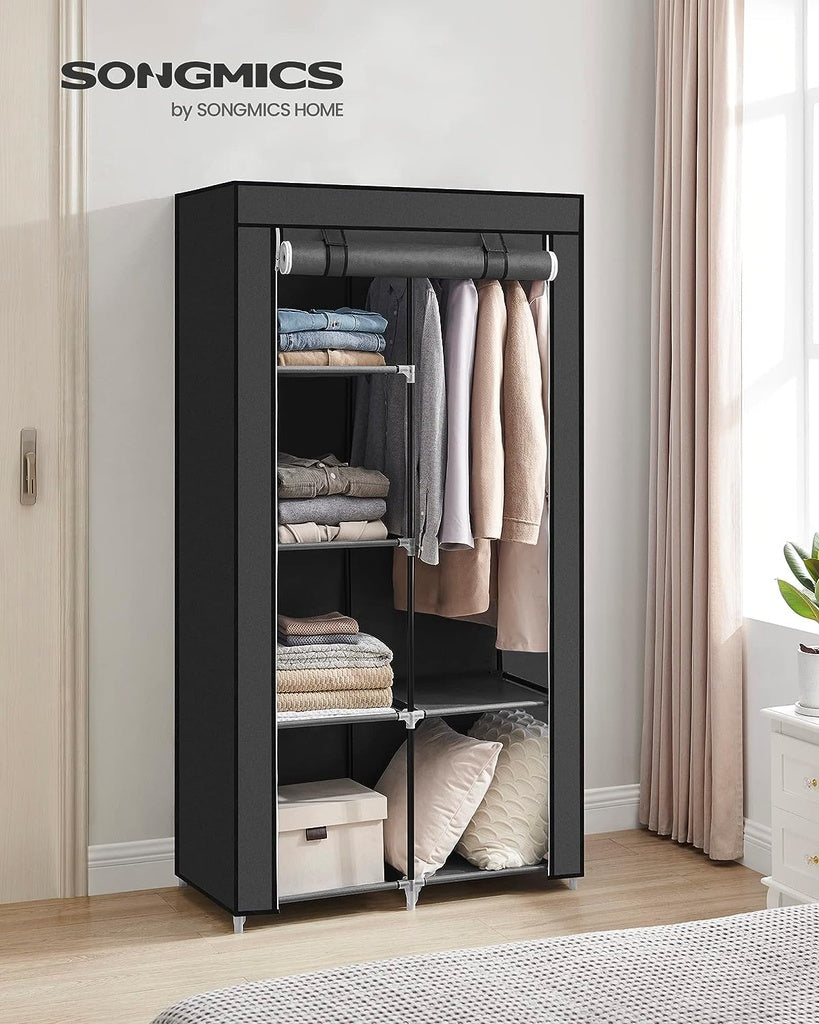 Portable Clothes Storage with 6 Shelves and 1 Clothes Rail - Black