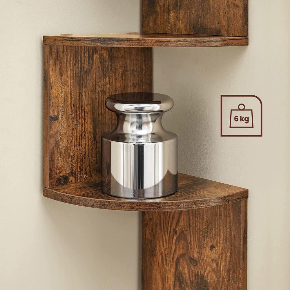 Corner Shelf 5-Tier Floating Wall Bookshelf - Rustic Brown