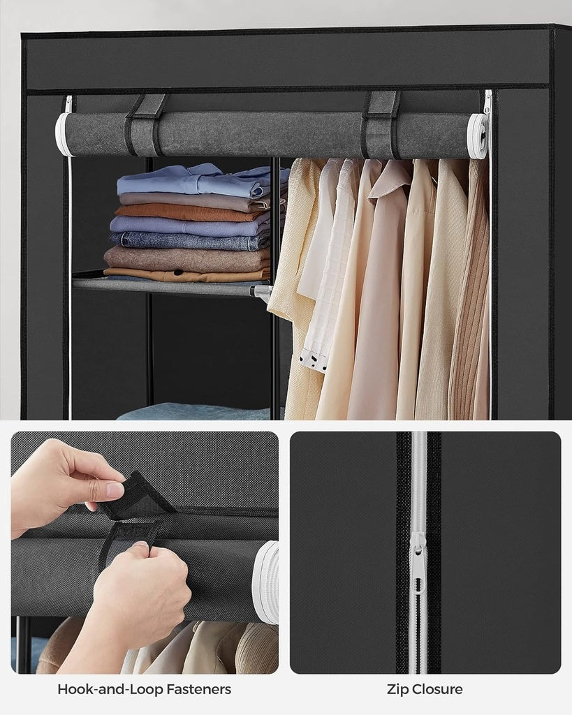 Portable Clothes Storage with 6 Shelves and 1 Clothes Rail - Black