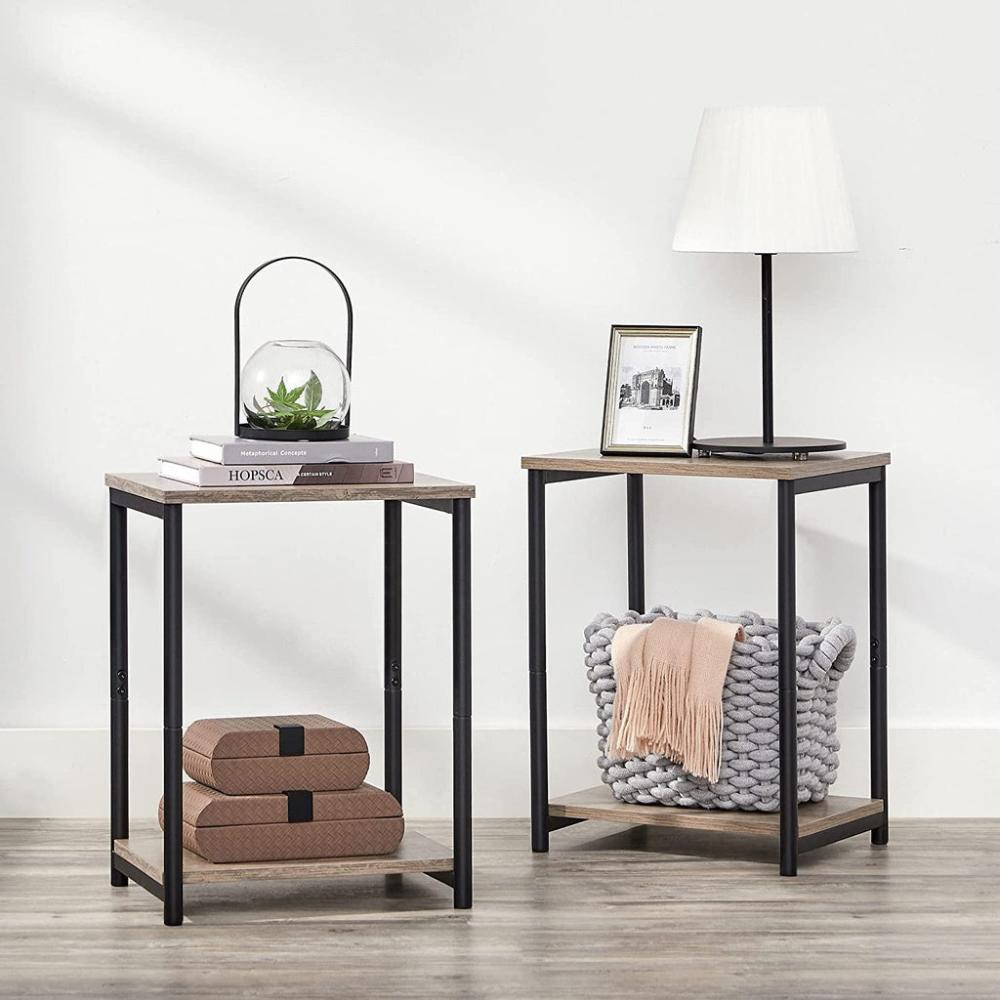 End Tables Set of 2 with Storage Shelf Steel Frame - Greige and Black