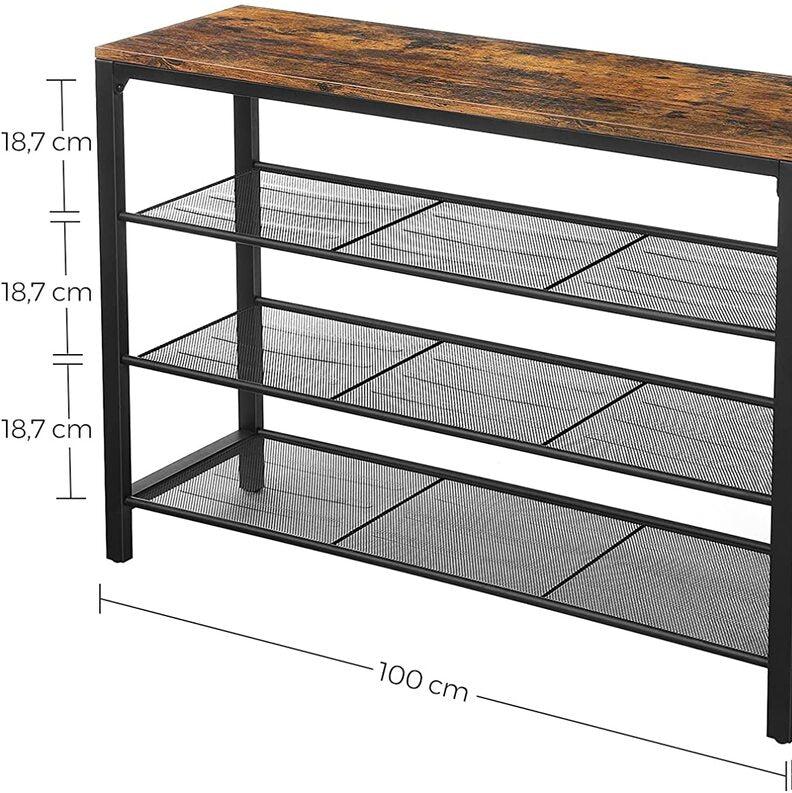 Shoe Storage Bench with 3 Mesh Shelves - Rustic Brown