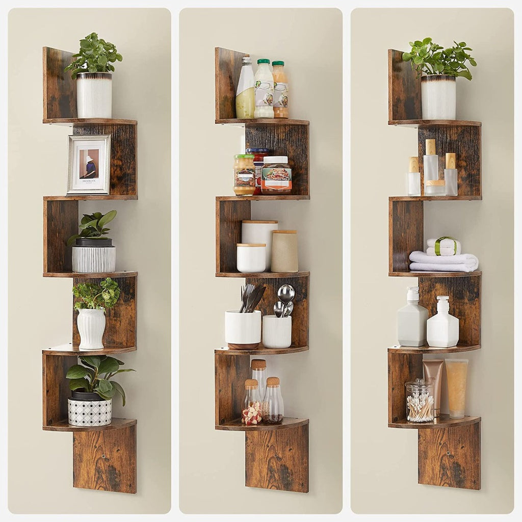 5-Tier Floating Corner Bookshelf - Rustic Brown