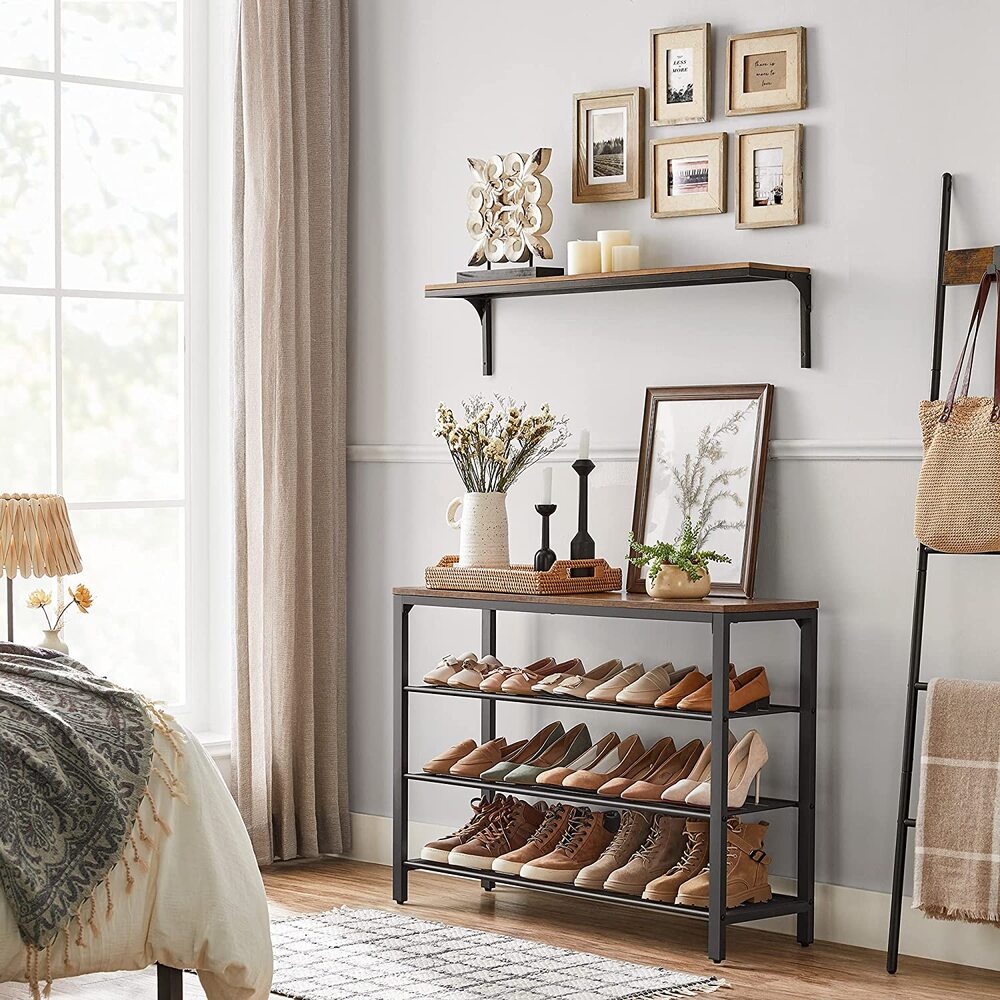 Shoe Storage Bench with 3 Mesh Shelves - Rustic Brown