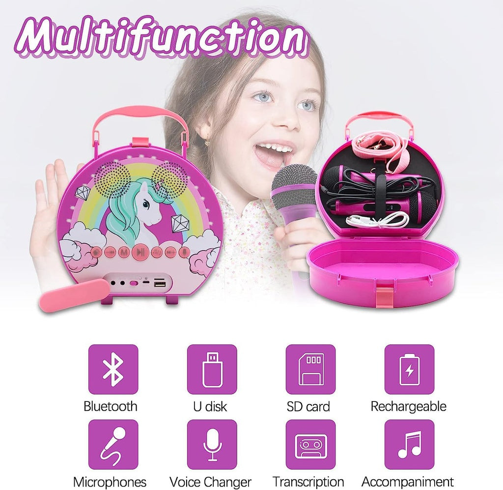 Kids Portable Karaoke with Two Microphones (Round, Purple Unicorn)