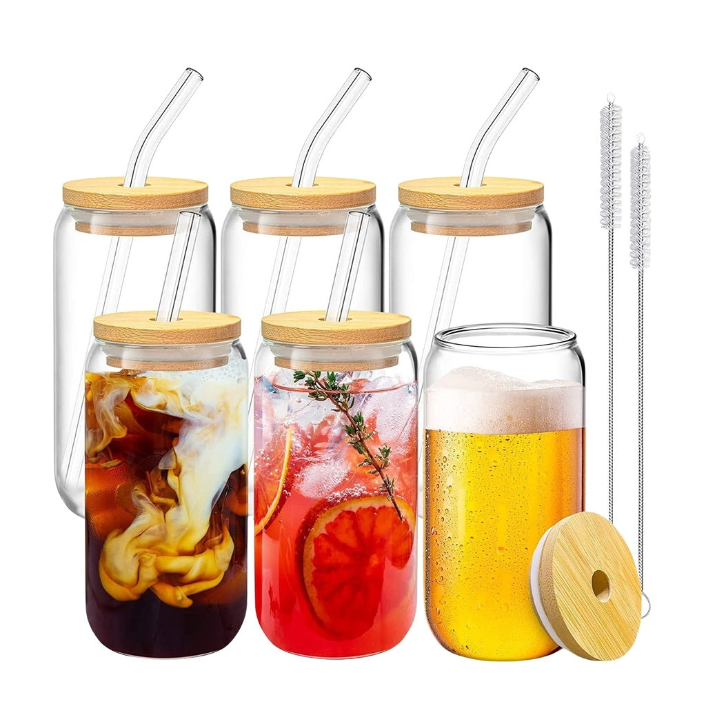 Clear Drinking Glasses with Bamboo Lids - 6 Pcs - 16 Oz