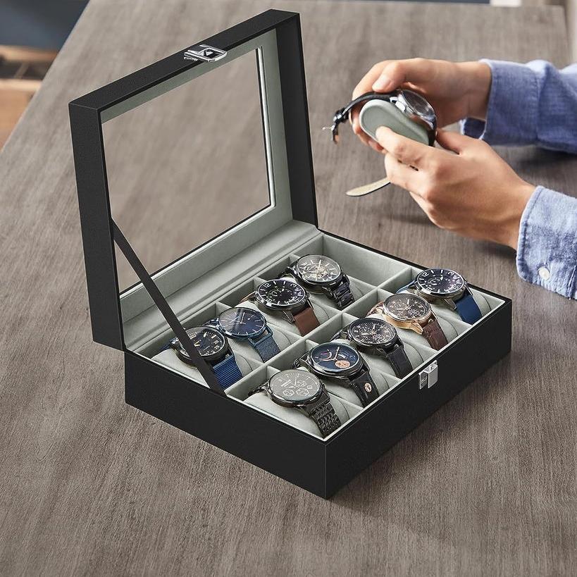 Watch Box for 10 Watches with Glass Lid