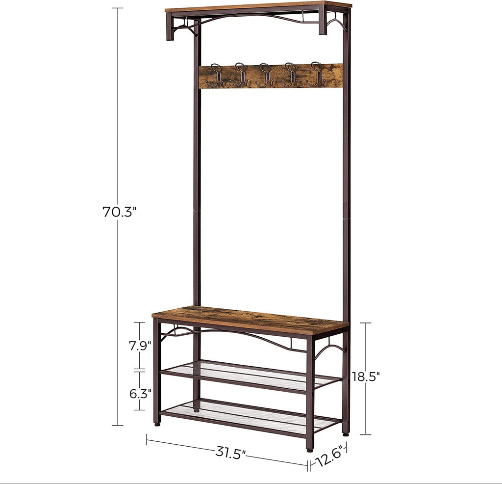 Coat Rack 3-in-1 Hall Tree - Rustic Brown and Bronze