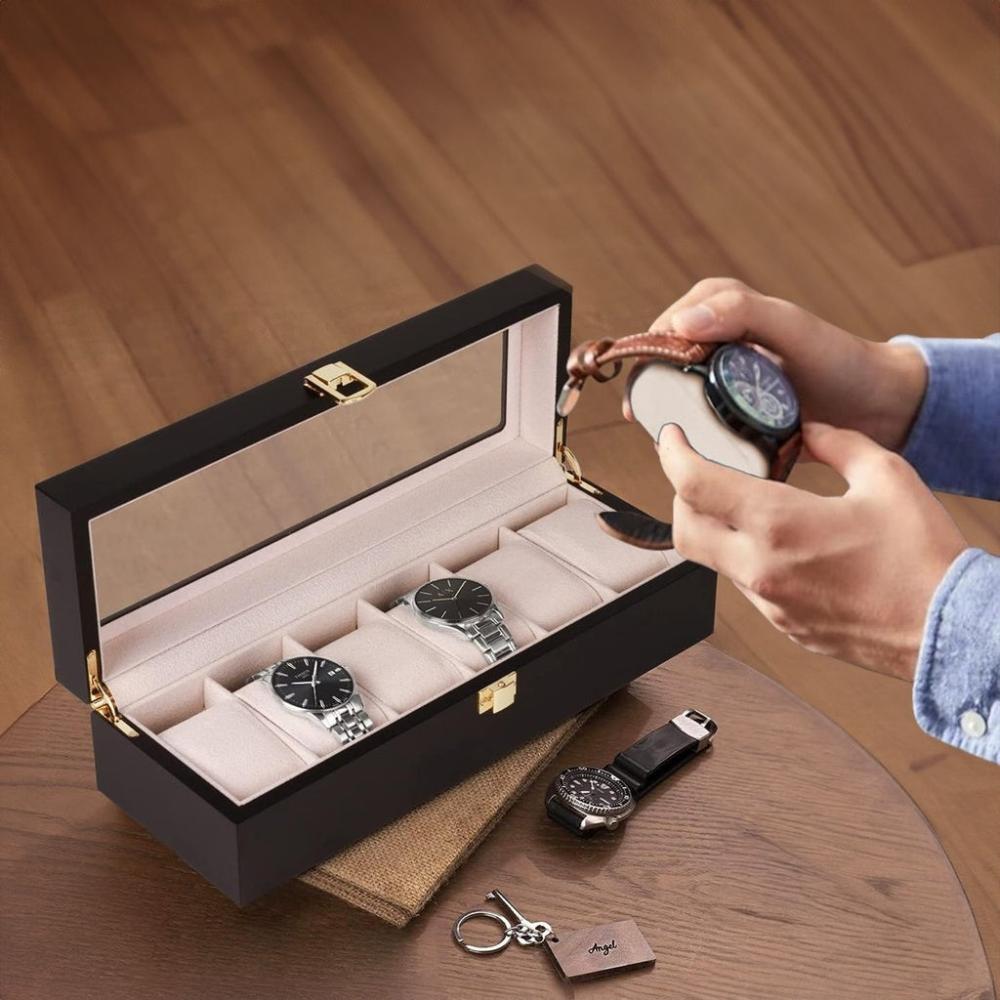 6 Slot Watch Display Box - Black Wood