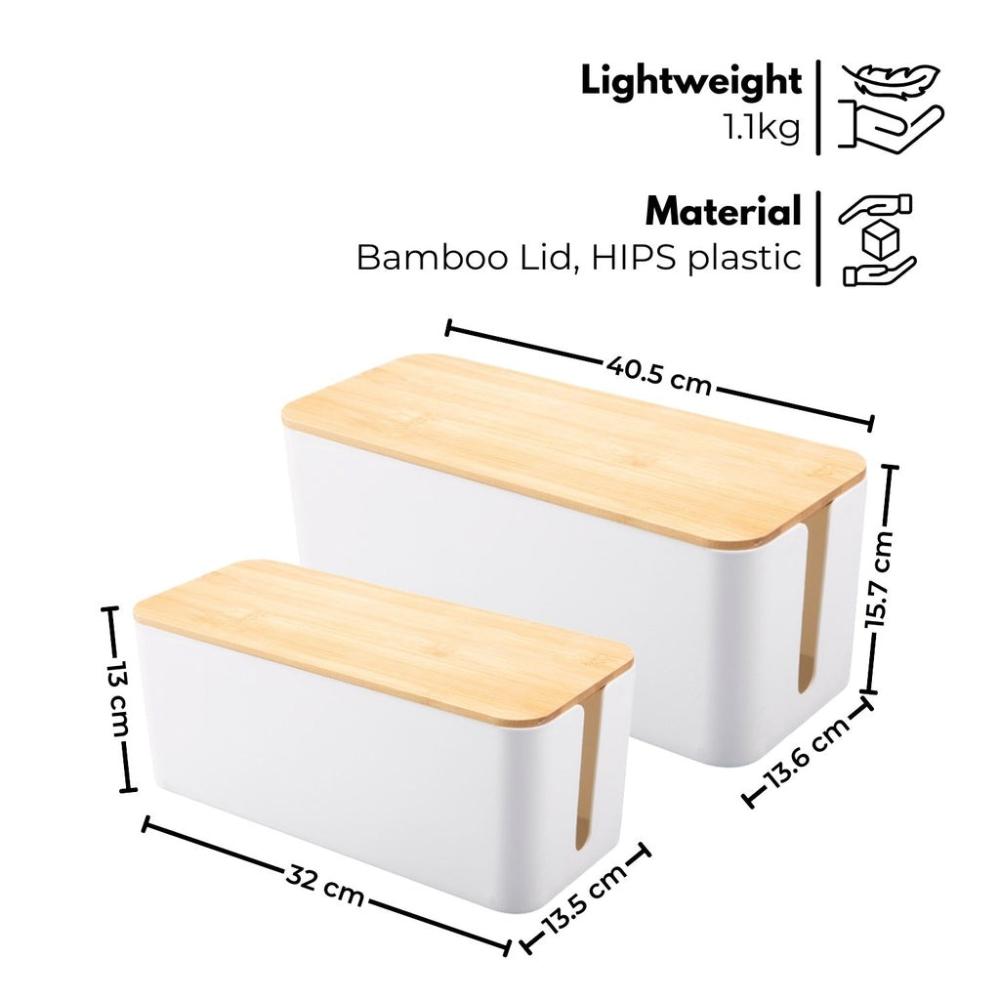 Set of Two Cable Management Box with Bamboo Lid (White)