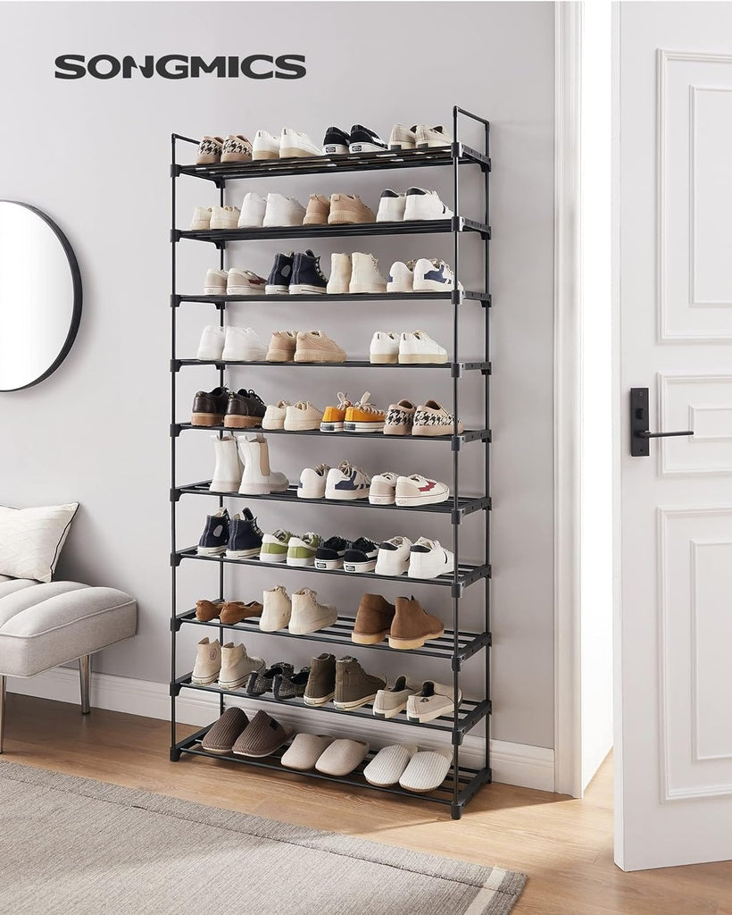 10 Tier Metal Shoe Rack for 50 Pairs of Shoes - Black