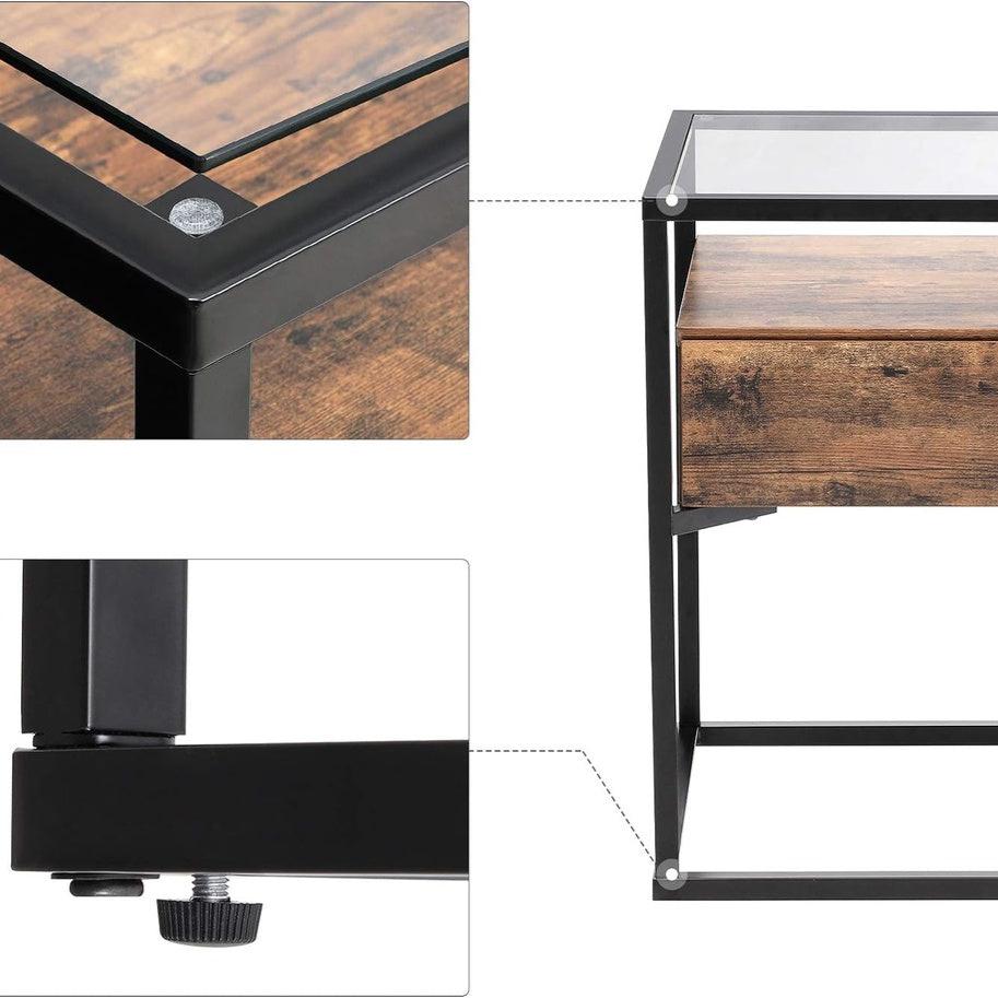 Side Table Tempered Glass End Table - Rustic Brown and Black