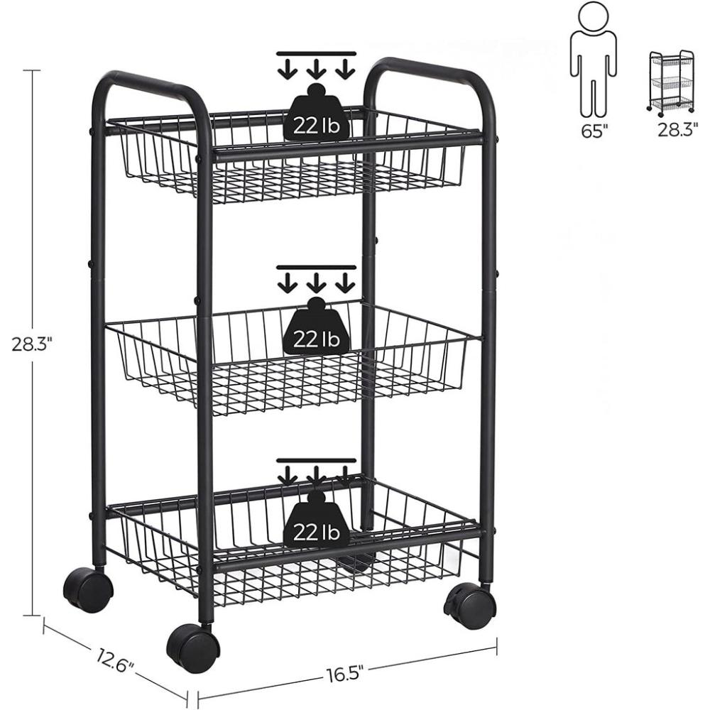 3-Tier Metal Rolling Cart on Wheels - Black