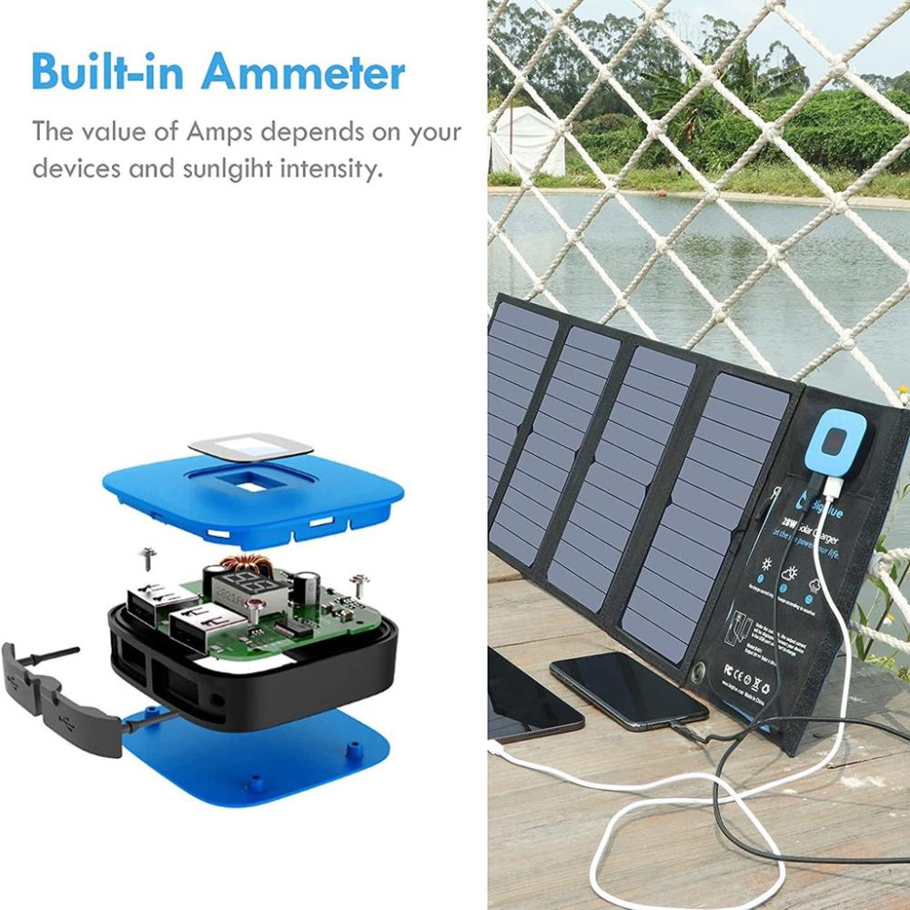 Portable 28W Sun Power Solar Panel 2 USB Ports with Digital Ammeter