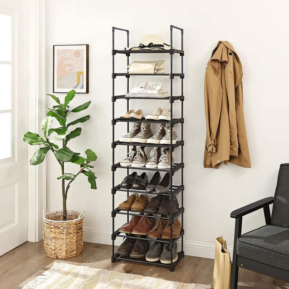 10-Tier Metal Shoe Rack Customizable Design - Black