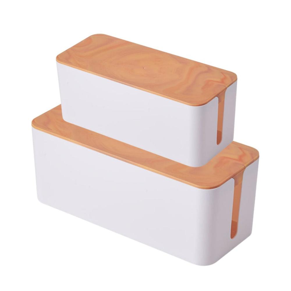 Set of Two Cable Management Box with Wood Pattern Lid - White