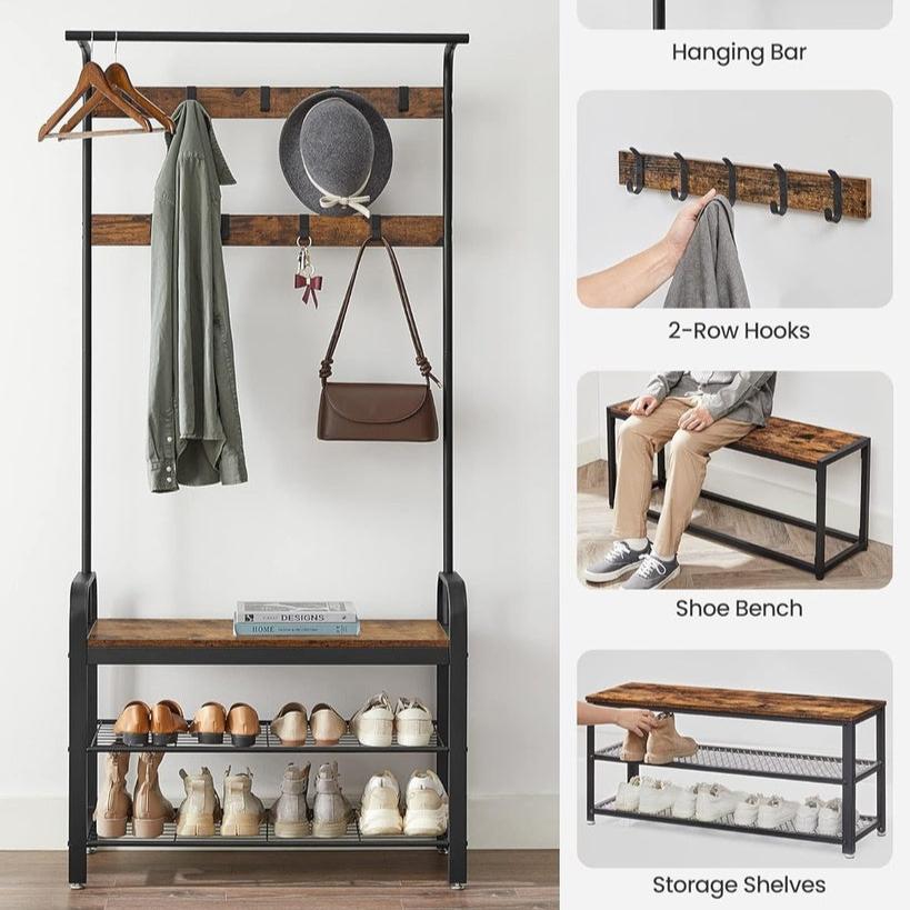 4-in-1 Coat Rack with Shoe Bench and 9 Removable Hooks