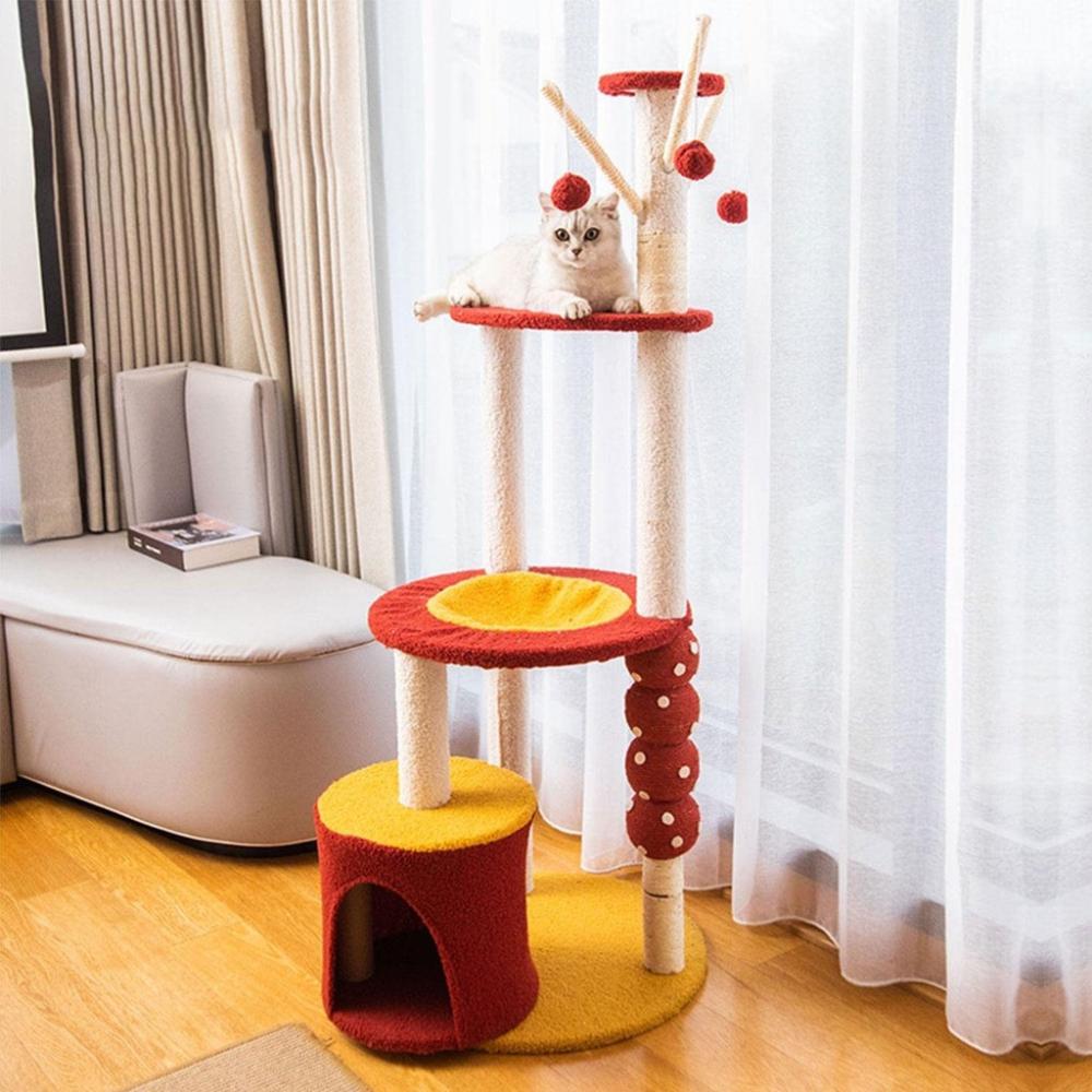 Plush Cat Condo Cat Tree - Red Yellow 130cms