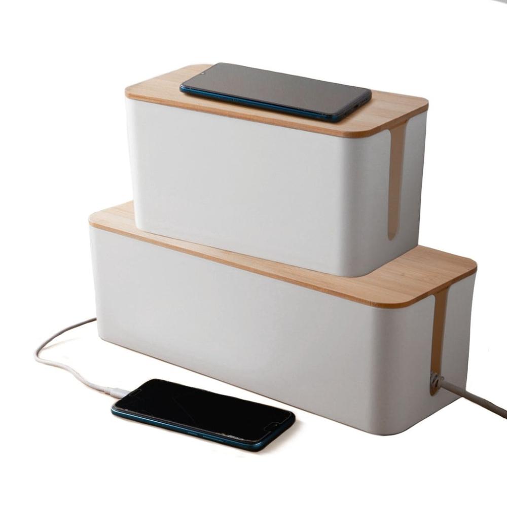 Set of Two Cable Management Box with Bamboo Lid (White)