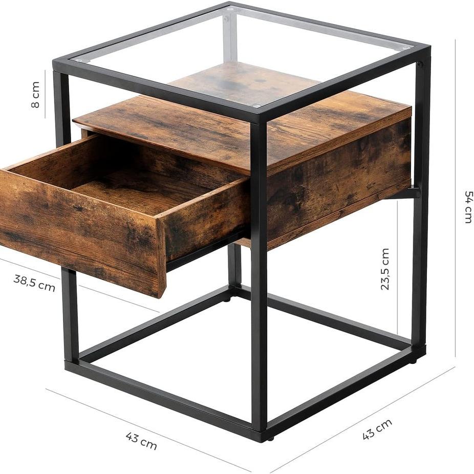 Side Table Tempered Glass End Table - Rustic Brown and Black