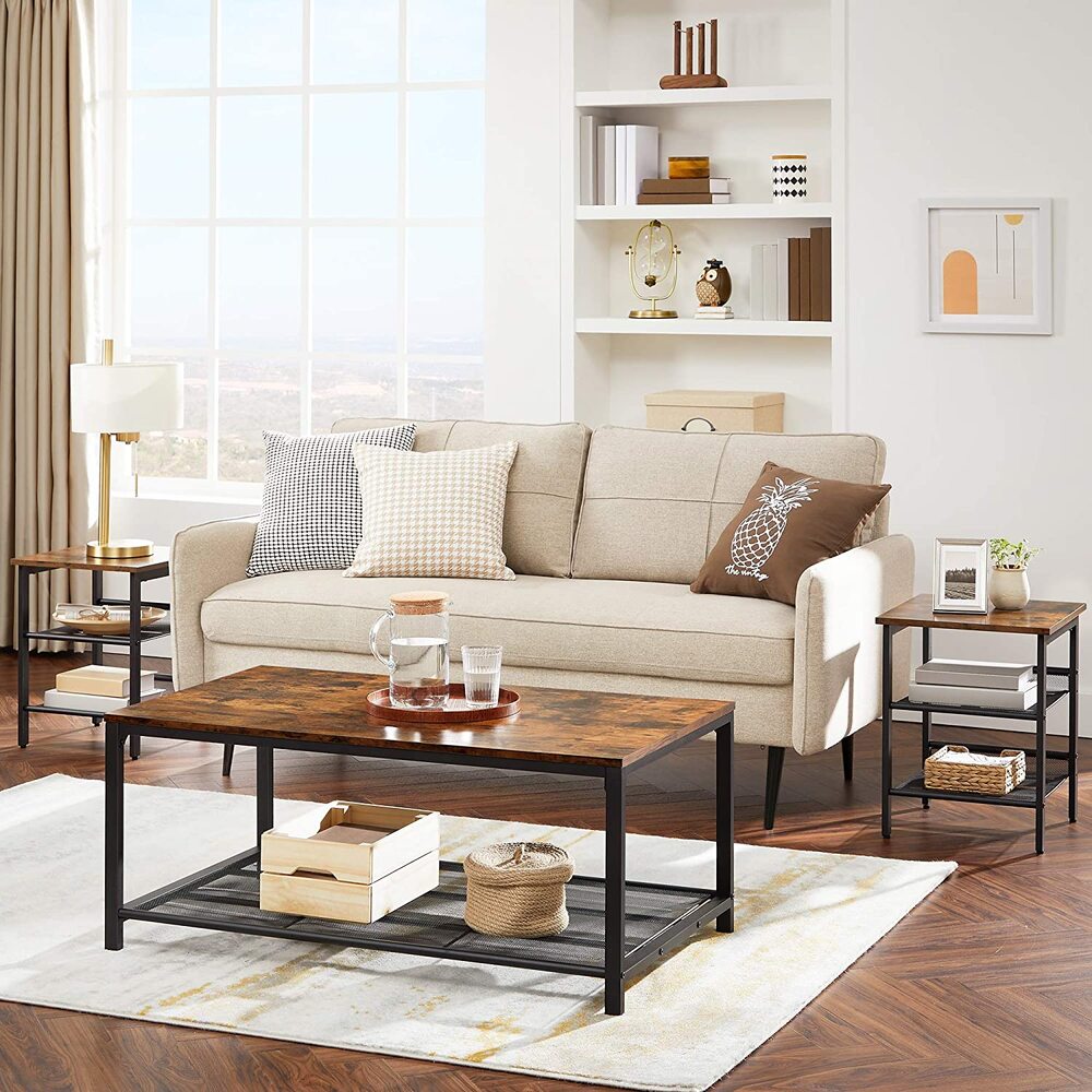 Coffee Living Room Table with Dense Mesh Shelf - Rustic Brown