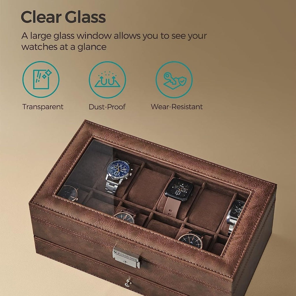 2-Tier Watch Box for 12 Watches with Glass Lid