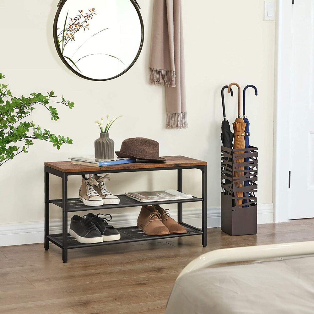 3 Tier Shoe Storage Bench 80cms - Rustic Brown and Black