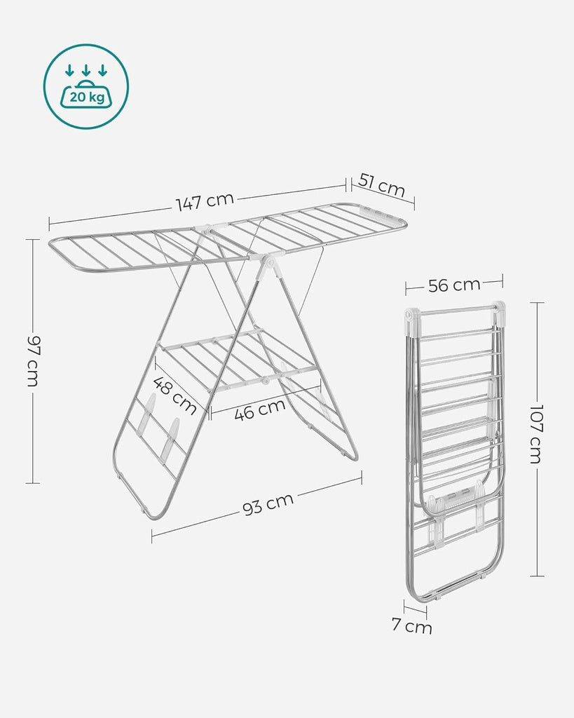 Foldable Clothes Drying Rack with Adjustable Wings Stainless Steel White and Silver