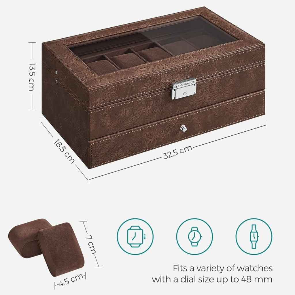 2-Tier Watch Box for 12 Watches with Glass Lid